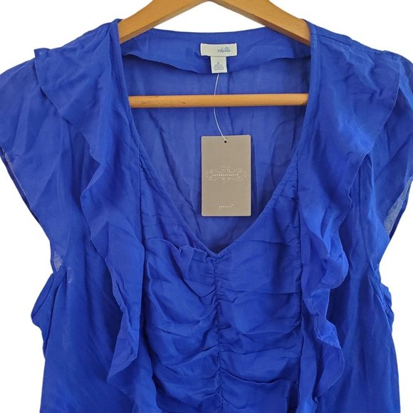 Anthropologie Odille Lissome Mini Dress 8 Blue Rayon Cap Slv V-Neck Ruffle Front - Picture 3 of 9